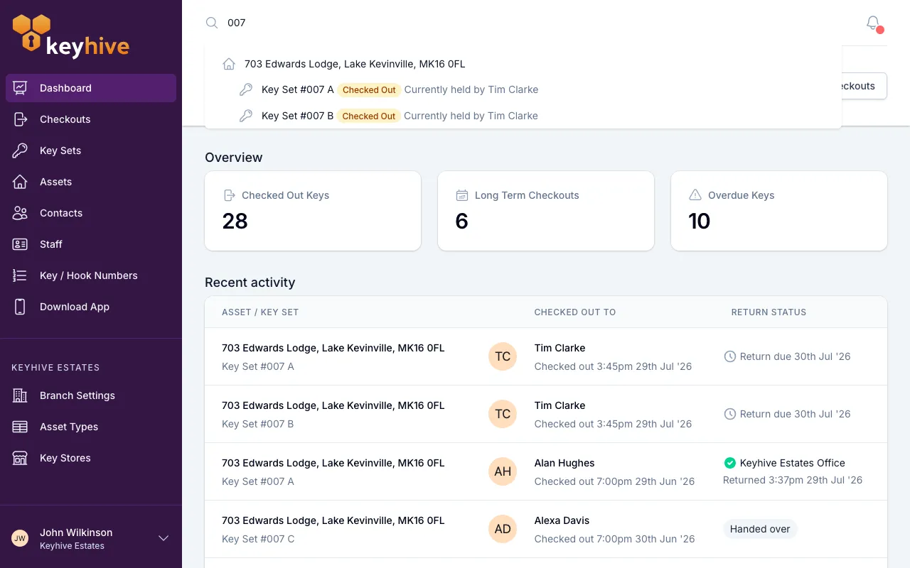 The search bar open, showing a matching asset with its key sets listed underneath