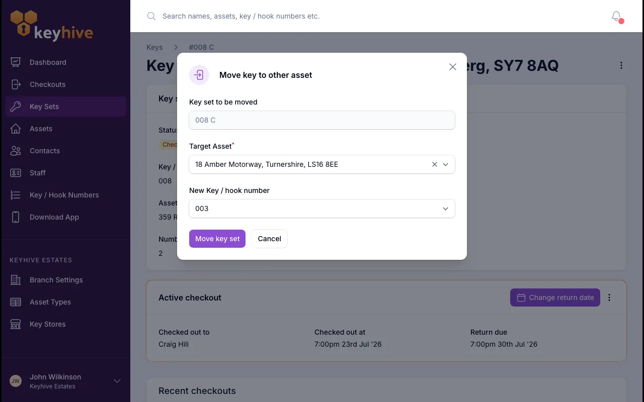 The Move key to other asset form, showing the key set being moved, the Target Asset search and the New Key / hook number picker
