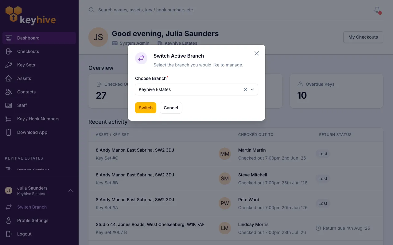 The Switch Active Branch box with the list of branches to choose from