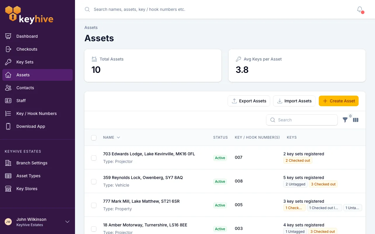 The Assets list showing each asset's name and type, its status, key / hook numbers and key set counts
