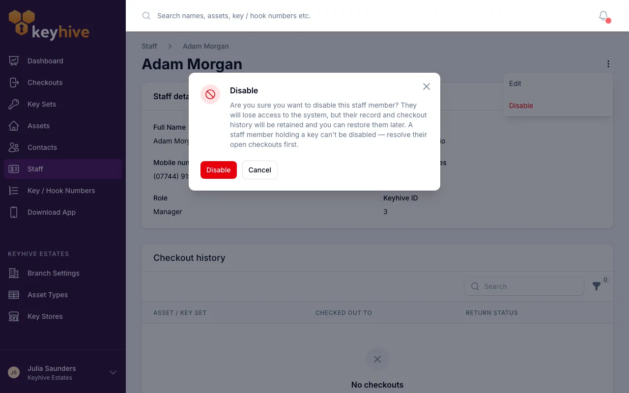 The Disable confirmation on a staff member's page