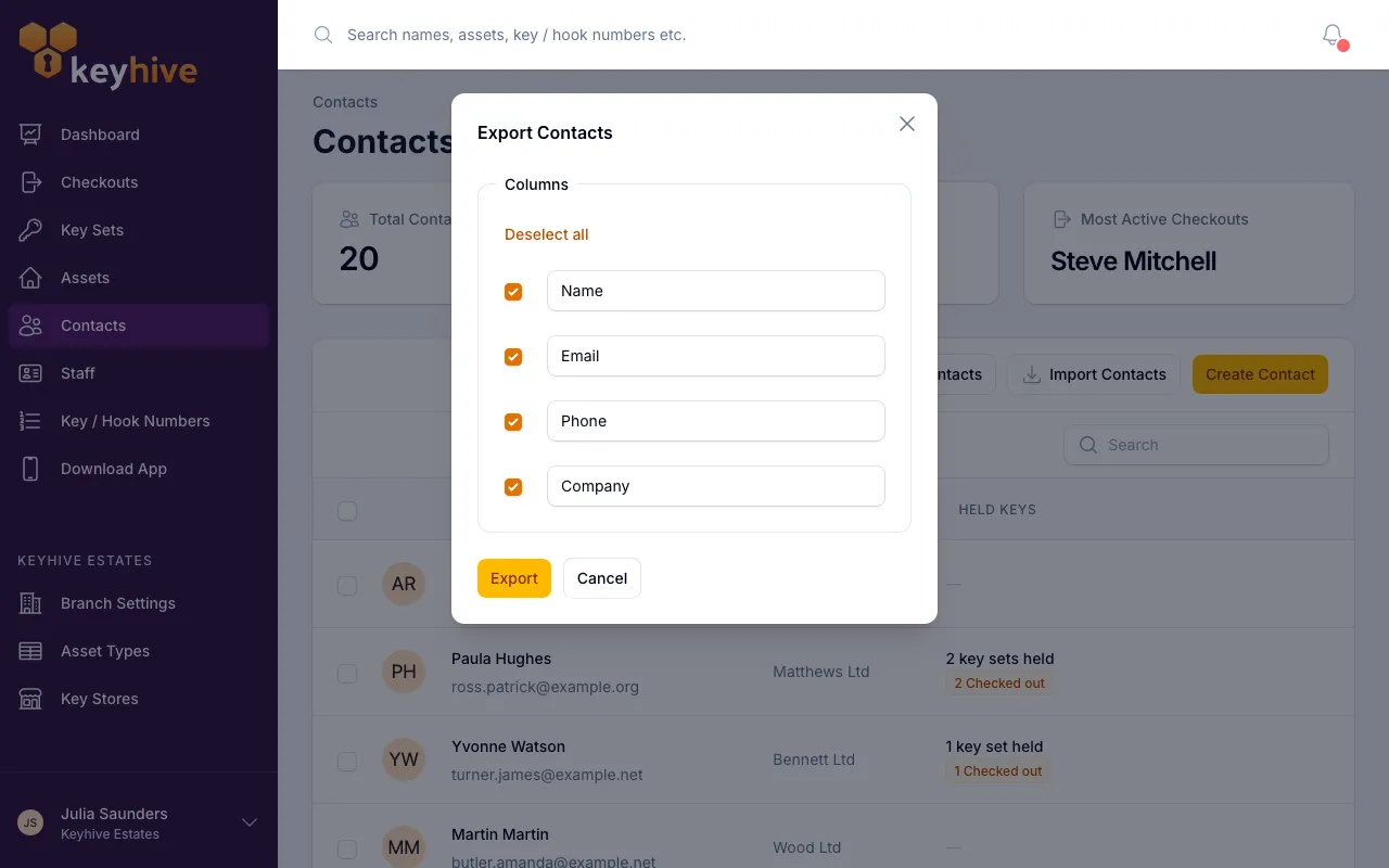 The Export Contacts window listing the available columns with tick boxes