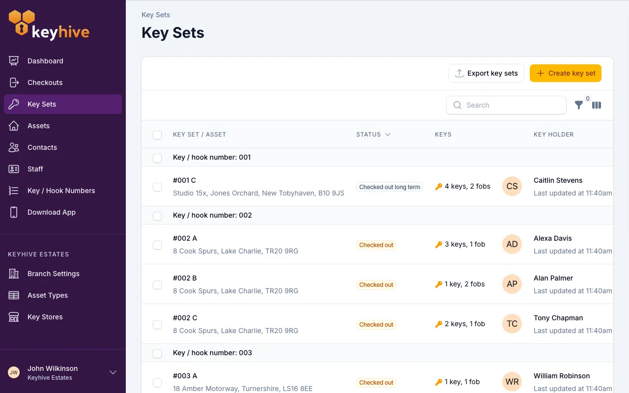 The Key Sets list, grouped by key / hook number, showing each set's status, key and fob counts and current holder