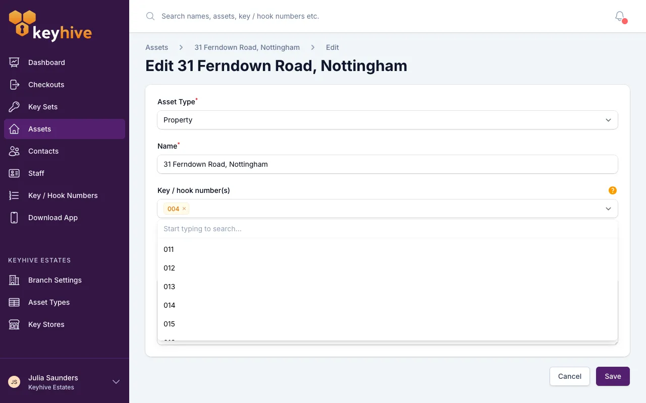 The asset edit form with the Key / hook number(s) field open, showing available numbers to choose from