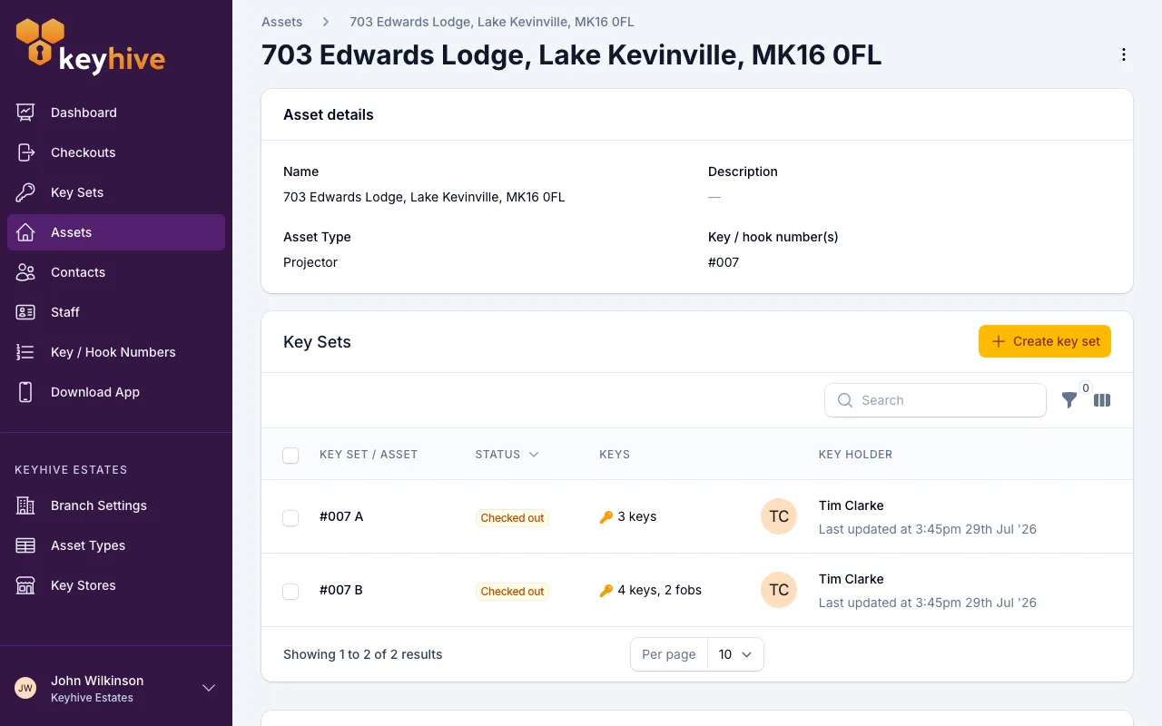 An asset's page, showing the Asset details panel above its key sets and recent checkouts