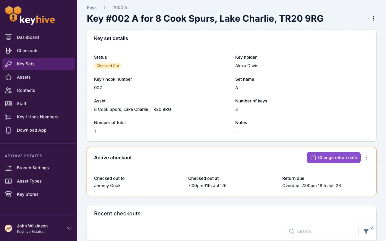 A key set's page, showing the Key set details panel with the active checkout beneath it