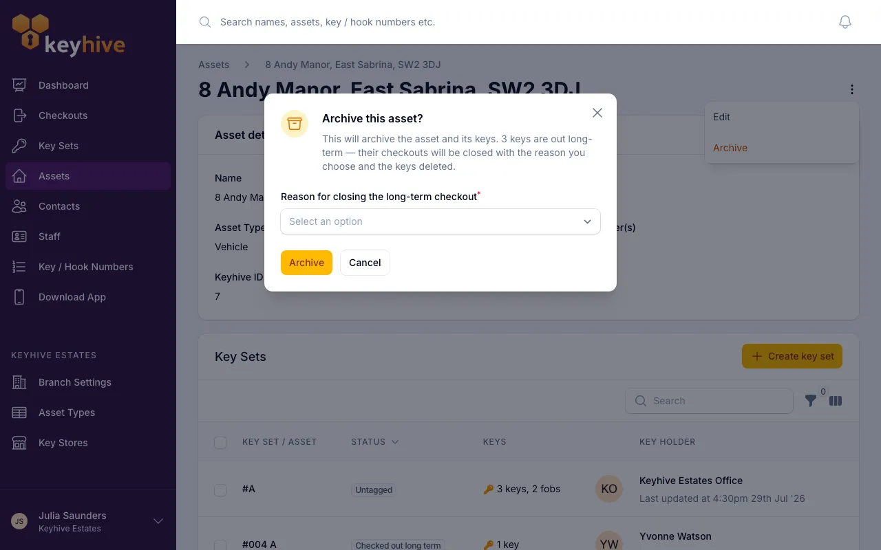 The "Archive this asset?" form, showing the reason field that appears when keys are out long-term