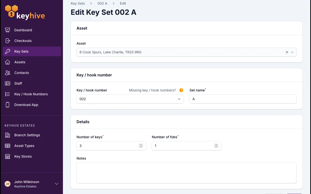 The Edit Key Set form, showing the locked Asset field, the key / hook number picker, Set name and the key and fob counts