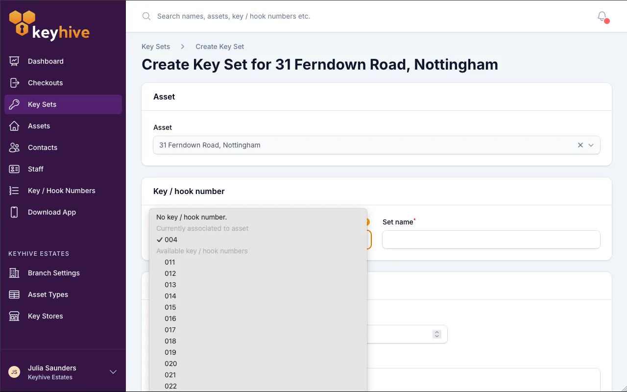 The key set edit form showing the Key / hook number dropdown grouped into Currently associated to asset and Available key / hook numbers