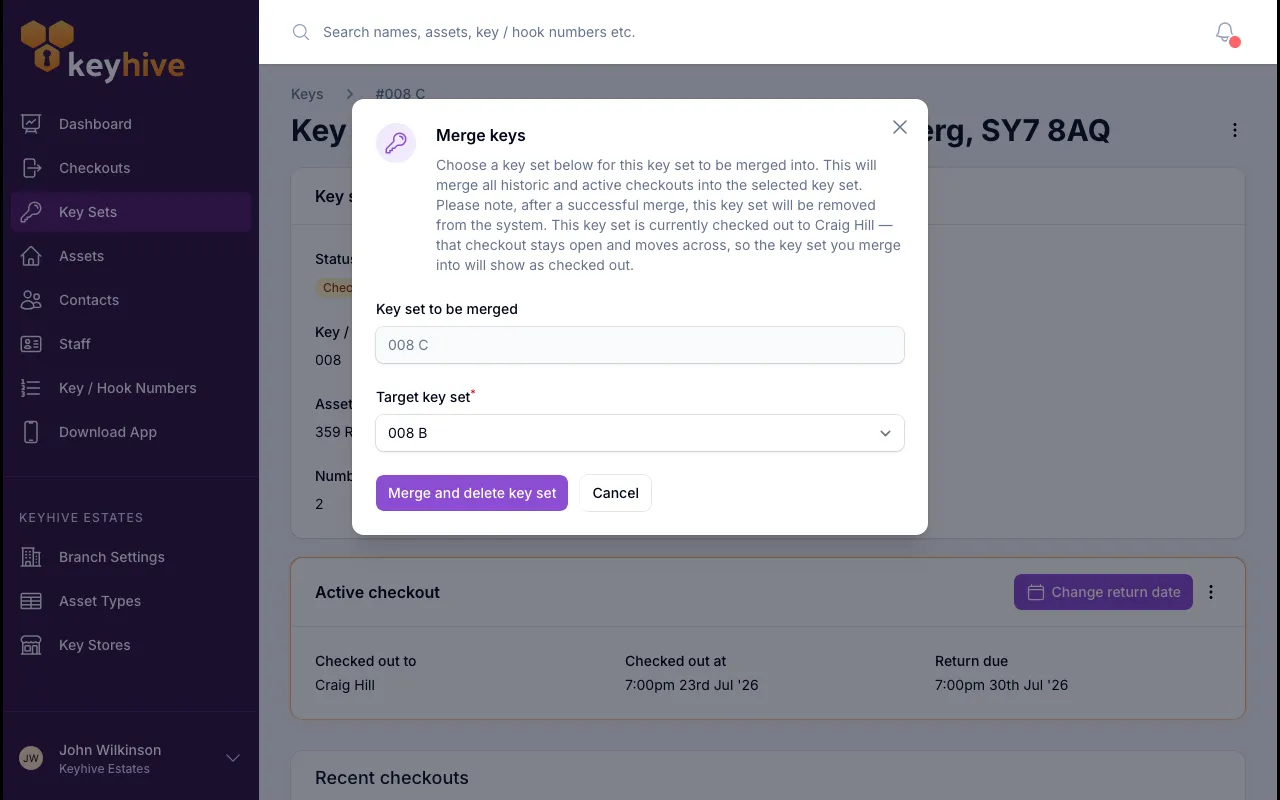 The Merge keys form, showing the key set being merged and the Target key set picker