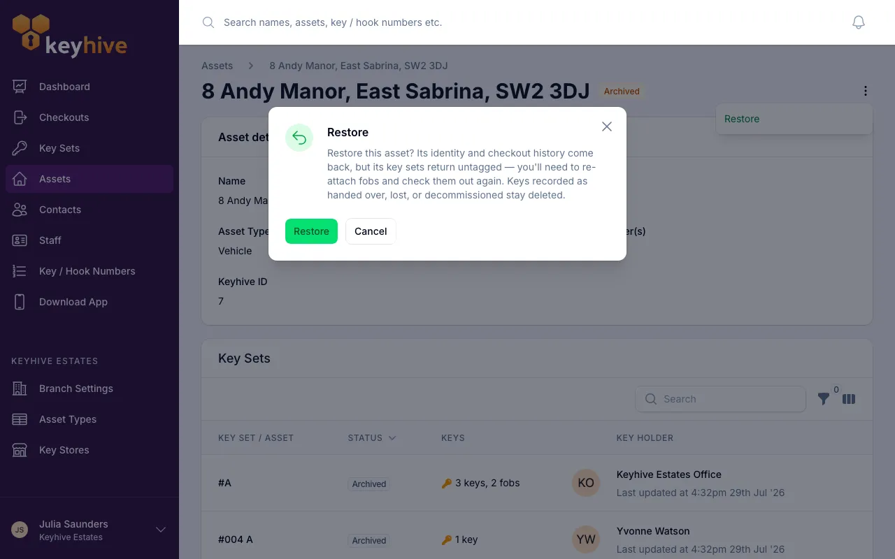 The Restore confirmation, explaining that key sets come back untagged