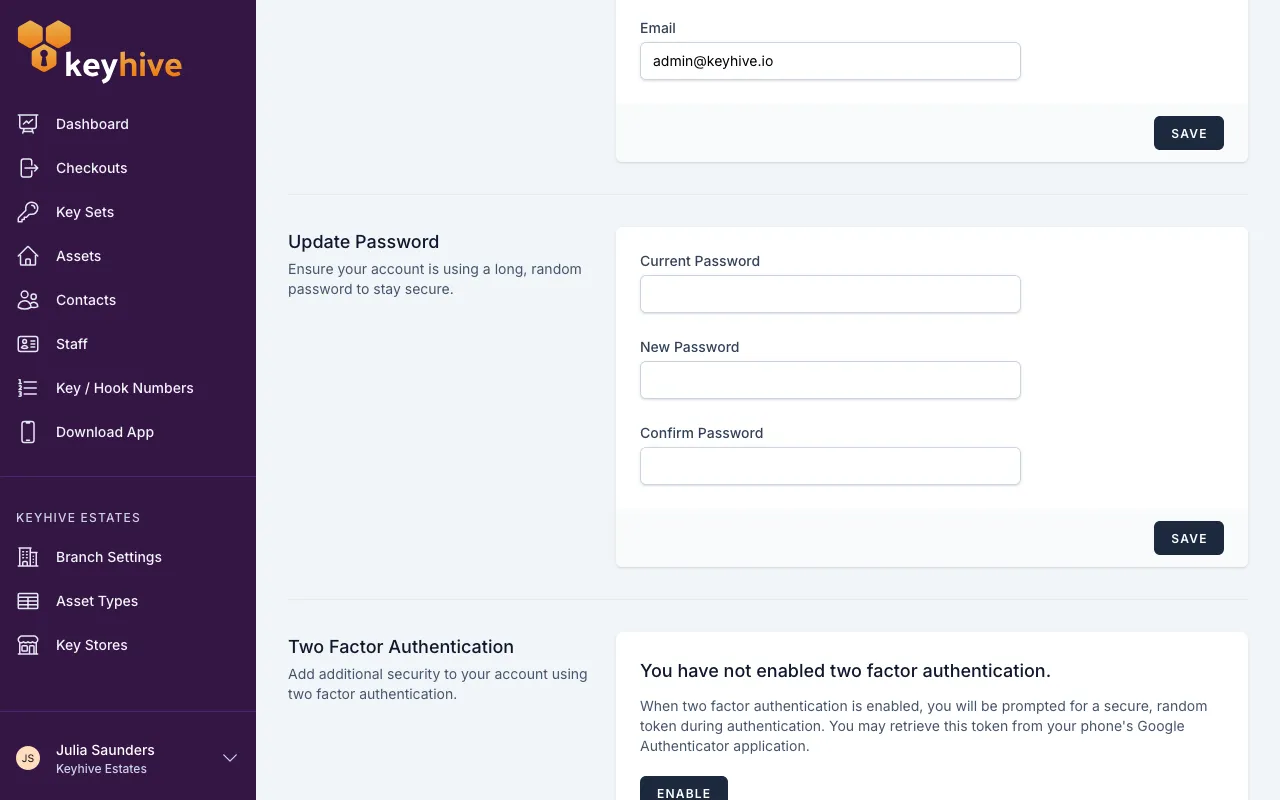 The Update Password panel on the Profile Settings page